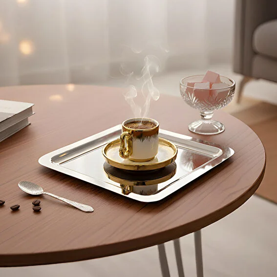 6 Adet (22x22) Kare Gümüş Renk Kahve Sunum Tepsisi